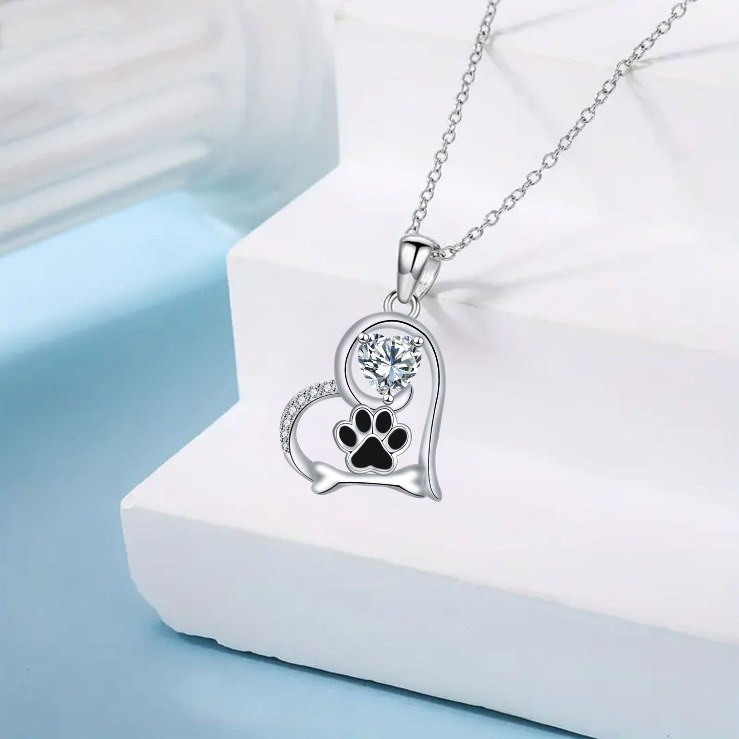 Handcrafted Dog Paw Print and Bone Necklace with Zirconia VIP
