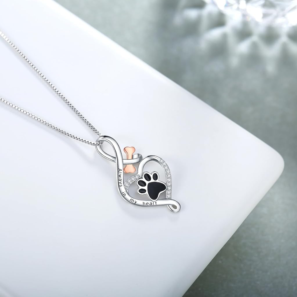 Lucky Paw Necklace with Heart, Bone & Infinity – “Always in My Heart” Pendant