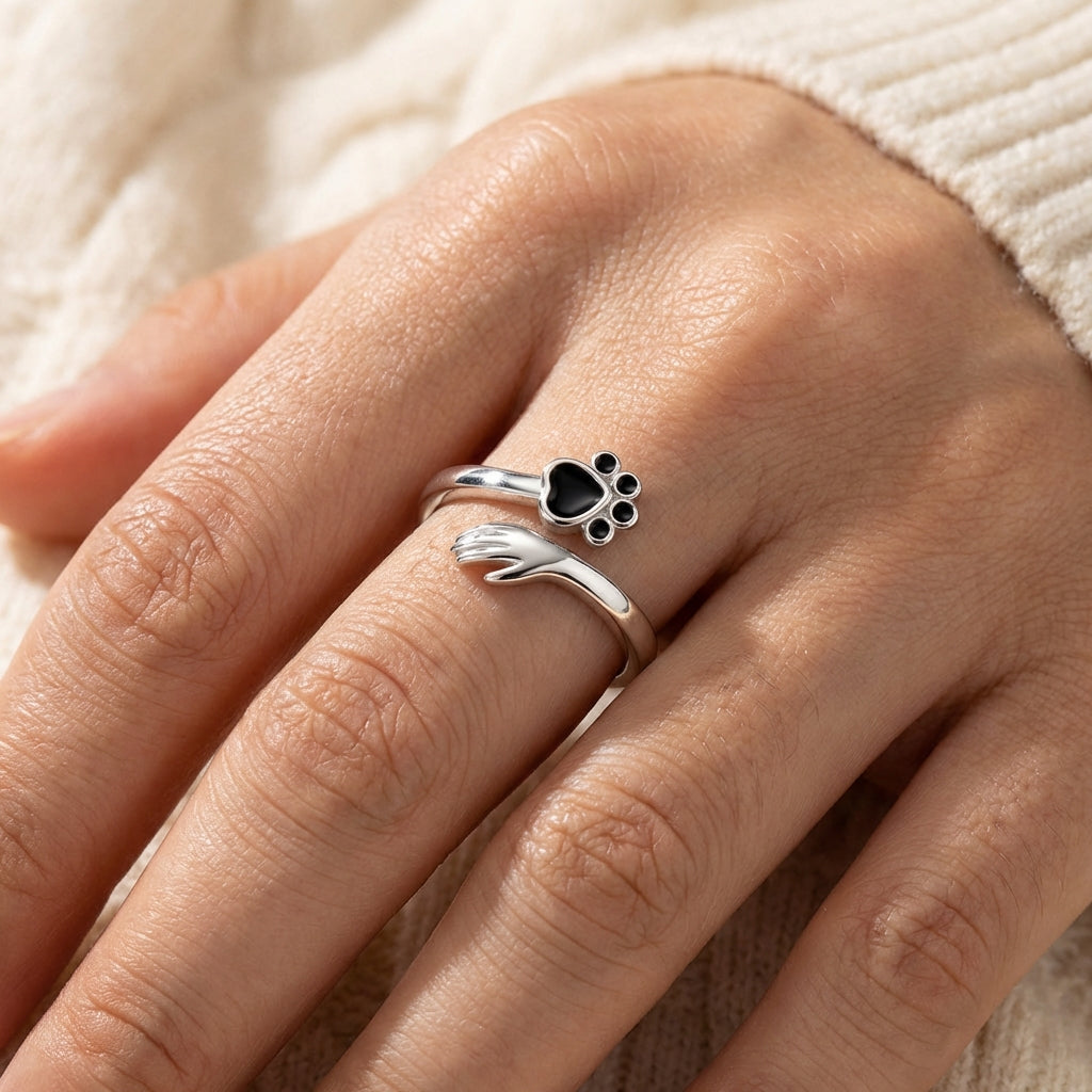 925 Sterling Silver Adjustable Ring β Hand and Paw Print Design VIP