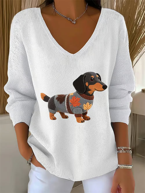 Dog Graphic V-Neck Sweater