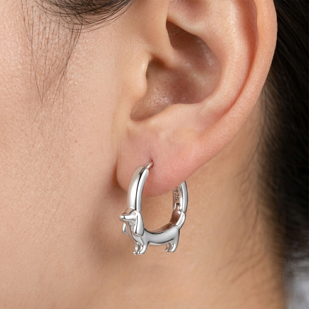 925 Sterling Silver Dachshund Hoop Earrings