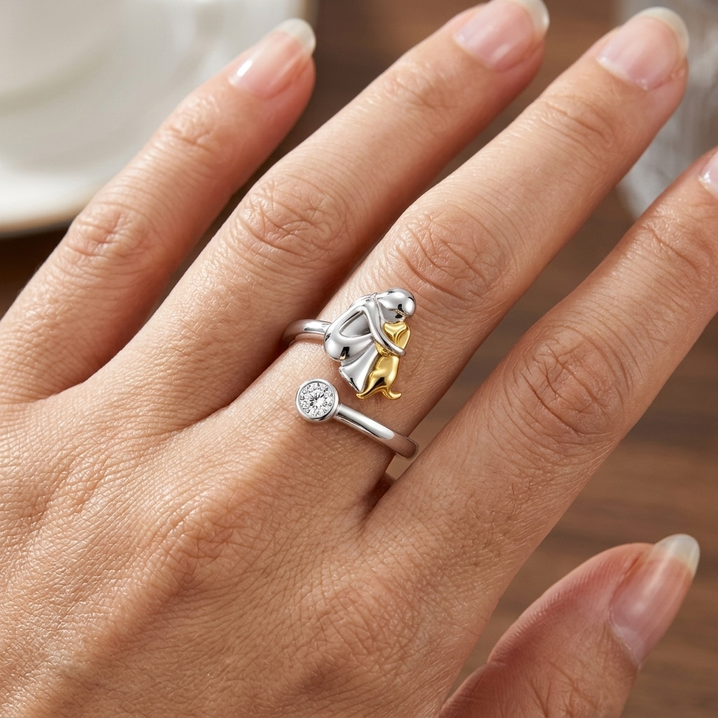 925 Sterling Silver Girl & Dog Adjustable Birthstone Ring