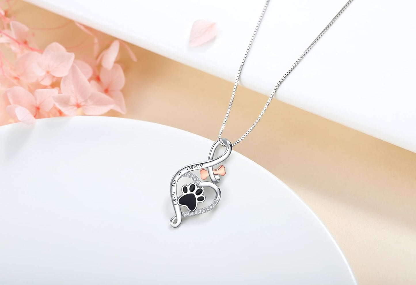 Lucky Paw Necklace with Heart, Bone & Infinity – “Always in My Heart” Pendant VIP
