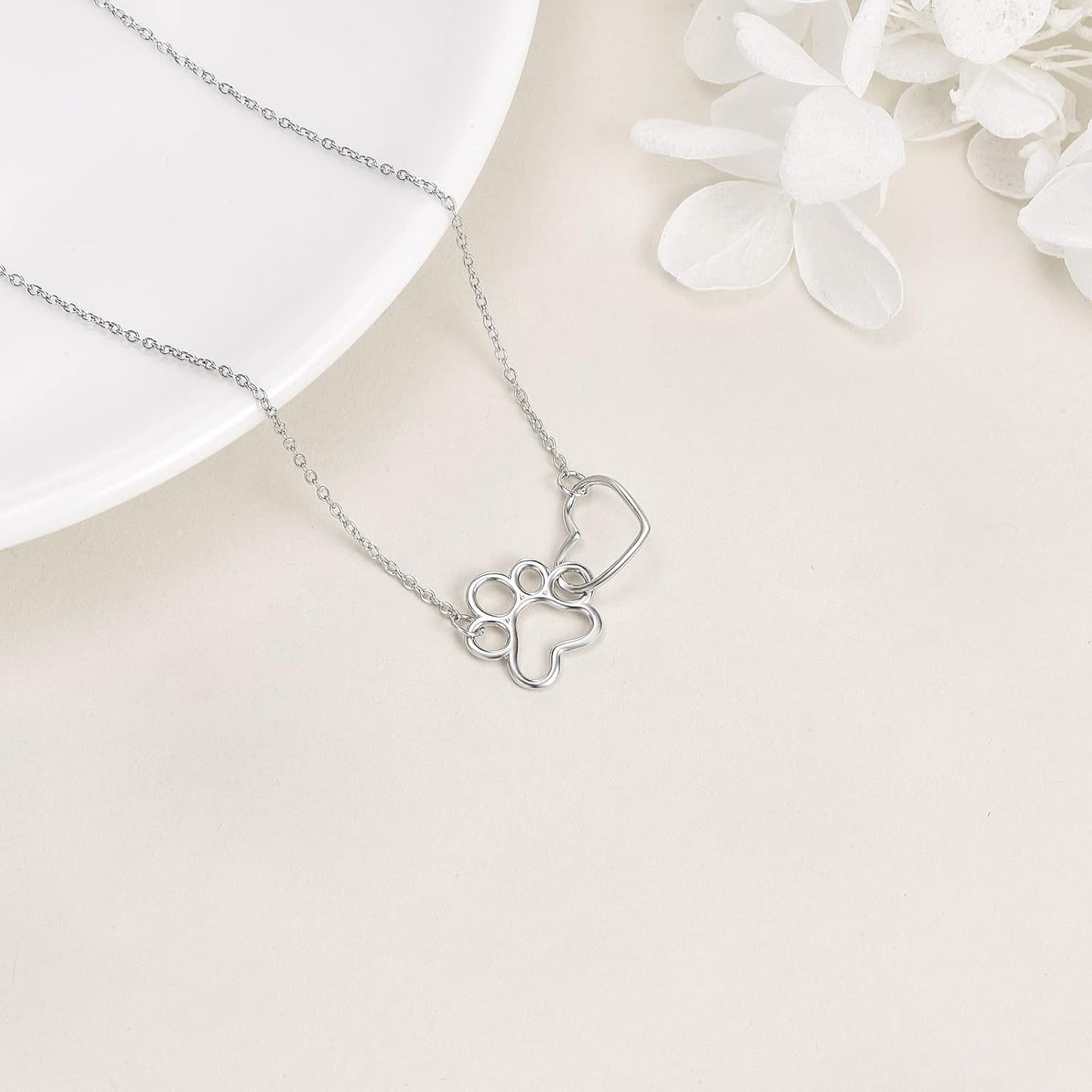 Sterling Silver Paw Print Necklace – Heart Crystal Pendant VIP