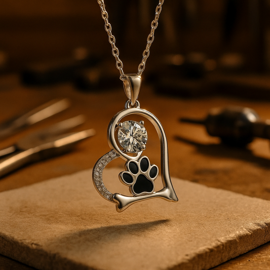 Handcrafted Dog Paw Print and Bone Necklace with Zirconia VIP
