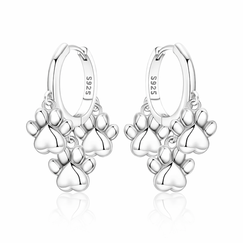 925 Sterling Silver Double Layer Pet Paw Print Drop Earrings