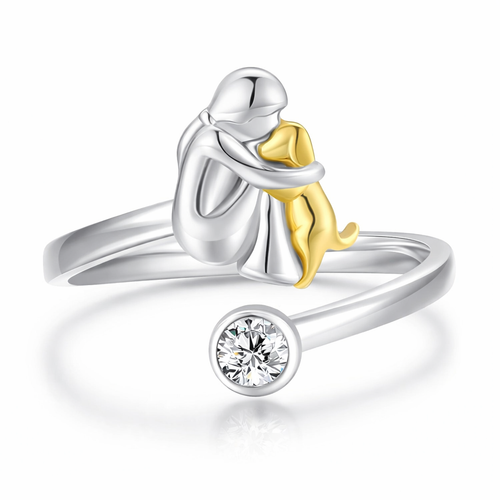 925 Sterling Silver Girl & Dog Adjustable Birthstone Ring