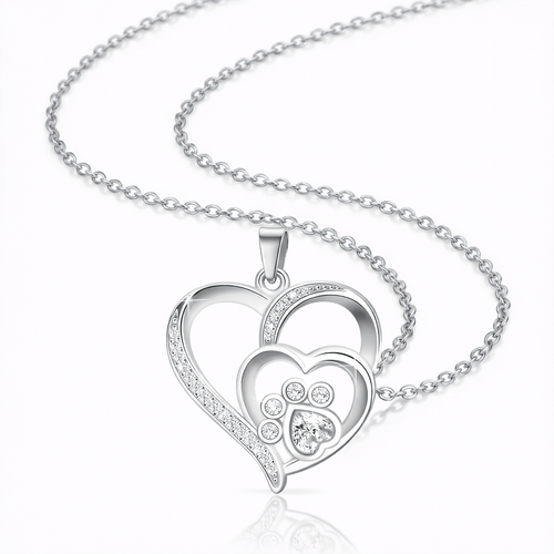 Sterling Silver Paw & Heart Necklace with Zirconia