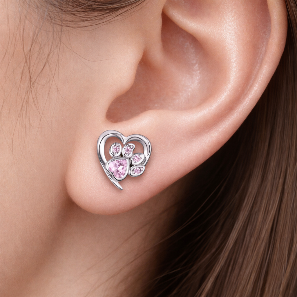 925 Sterling Silver Heart & Paw Pink Diamond Earrings