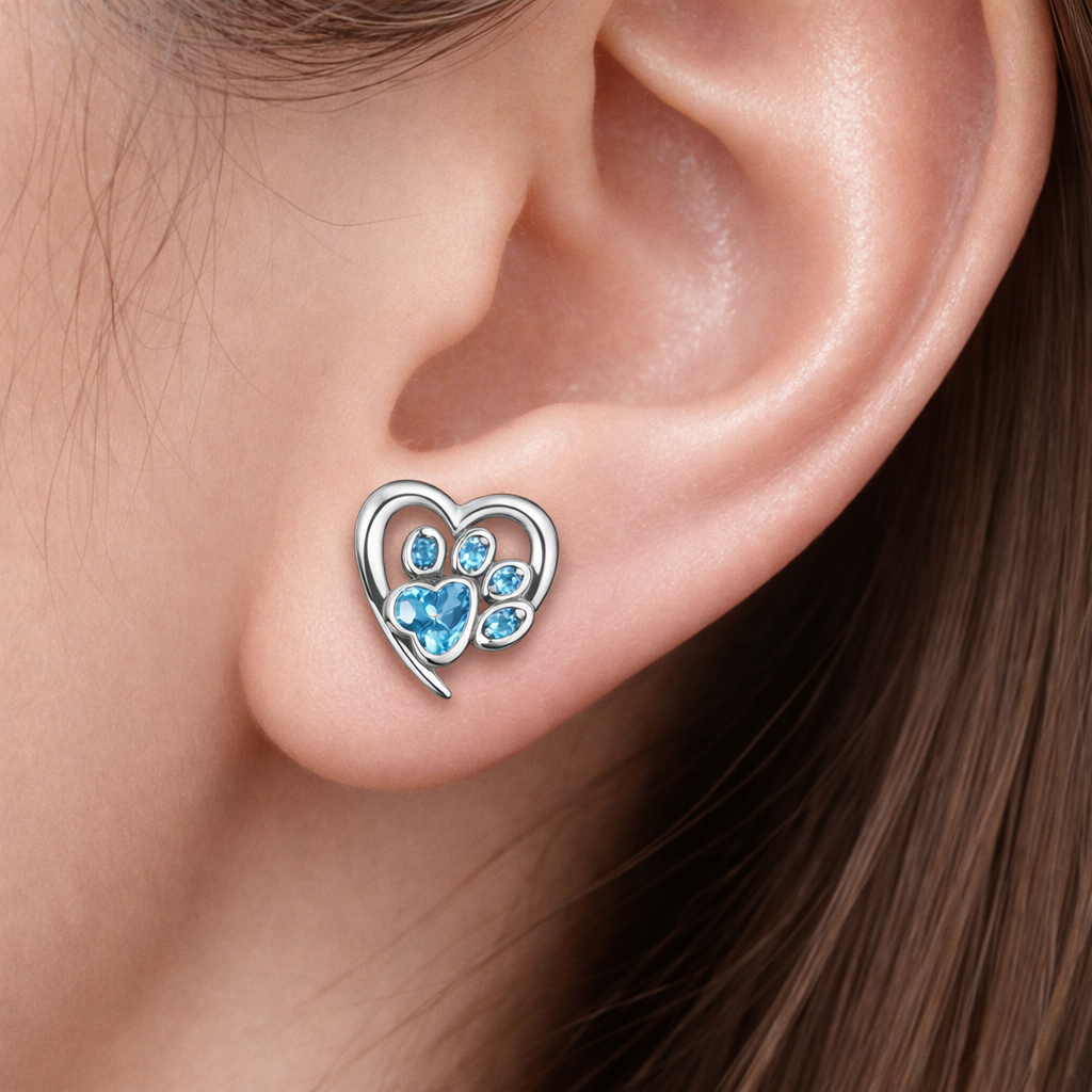925 Sterling Silver Heart & Paw Blue Diamond Earrings
