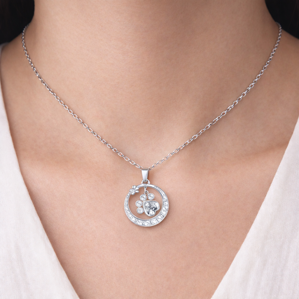 Cute Paw Print Necklace in 925 Sterling Silver with Cubic Zirconia