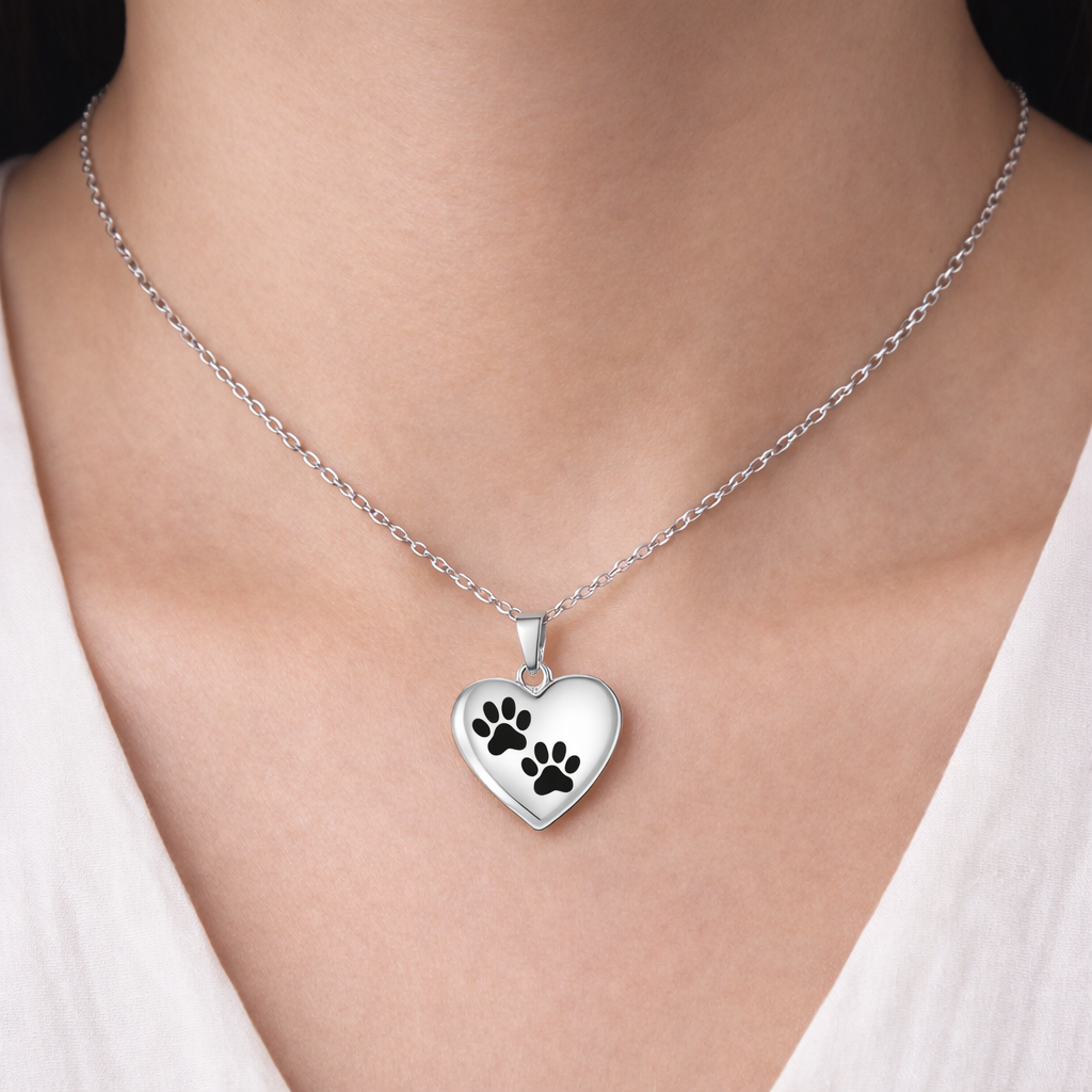 Pet Memorial Urn Necklace – Heart-Shaped Pendant with Paw Engraving