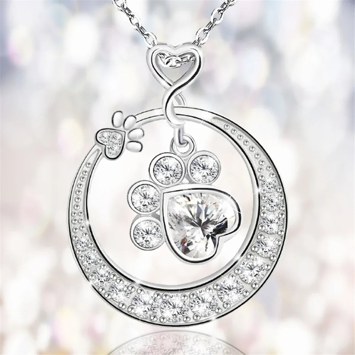 Cute Paw Print Necklace in 925 Sterling Silver with Cubic Zirconia VIP