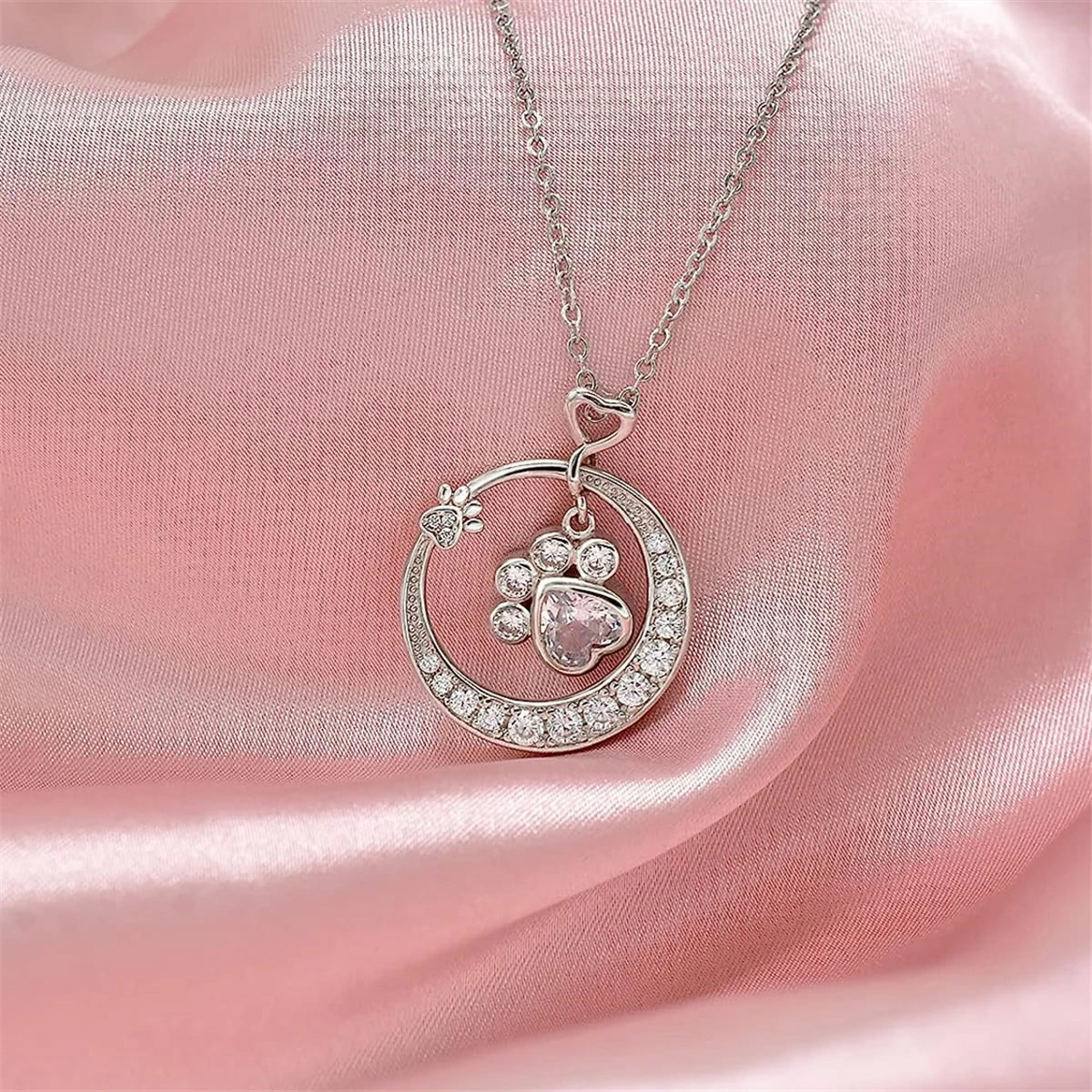 Cute Paw Print Necklace in 925 Sterling Silver with Cubic Zirconia VIP