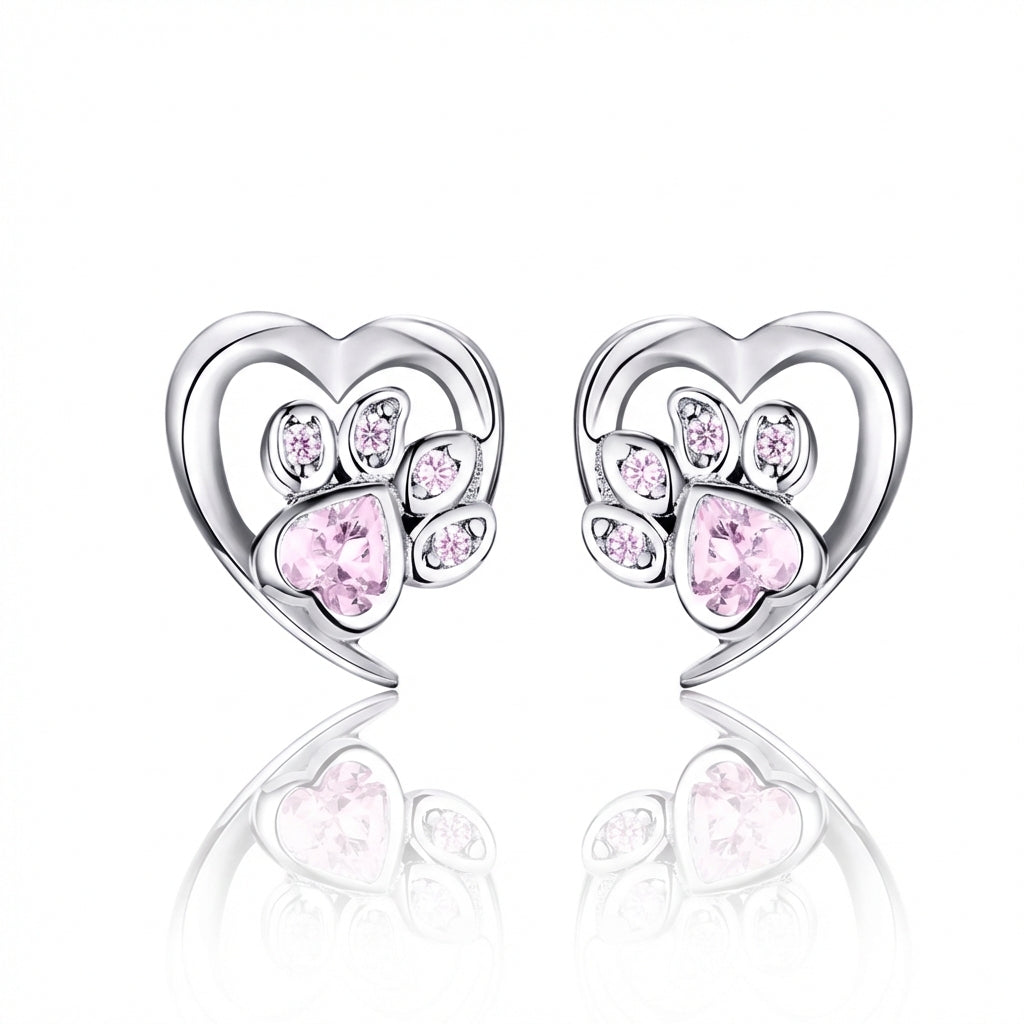 925 Sterling Silver Heart & Paw Pink Diamond Earrings