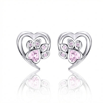 925 Sterling Silver Heart & Paw Pink Diamond Earrings