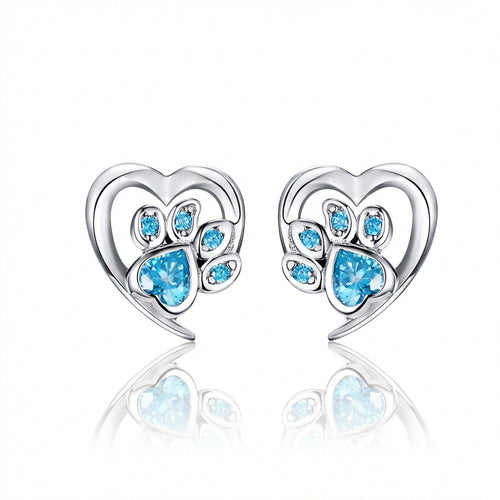 925 Sterling Silver Heart & Paw Blue Diamond Earrings