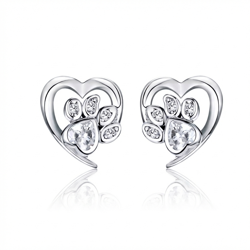 925 Sterling Silver Paw Dog Footprint Heart Stud Earrings