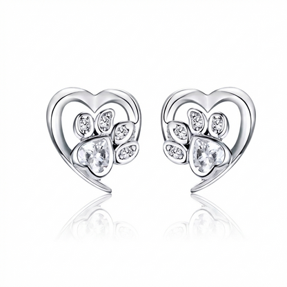 925 Sterling Silver Paw Dog Footprint Heart Stud Earrings