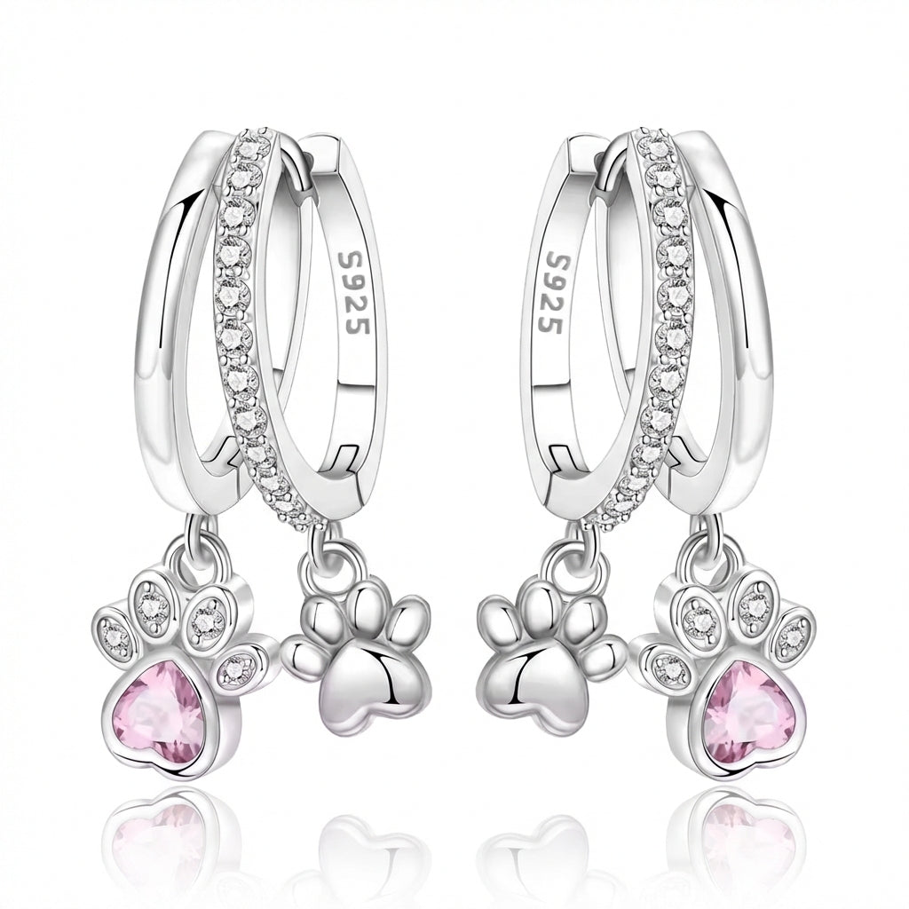 925 Sterling Silver Double Layer Pet Paw Print Drop Earrings
