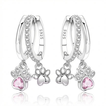 925 Sterling Silver Double Layer Pet Paw Print Drop Earrings