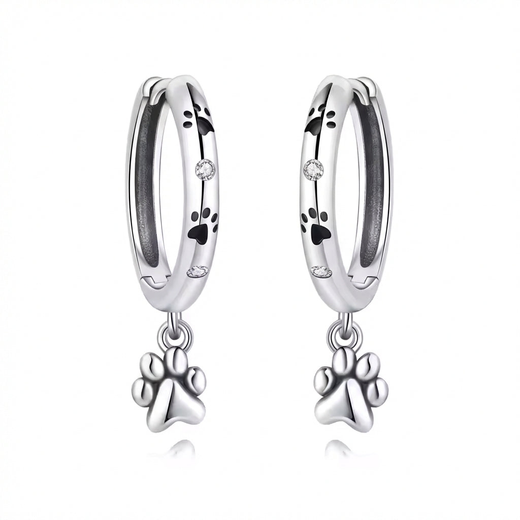 925 Sterling Silver Double Layer Pet Paw Print Drop Earrings