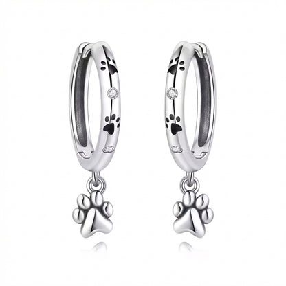 925 Sterling Silver Double Layer Pet Paw Print Drop Earrings