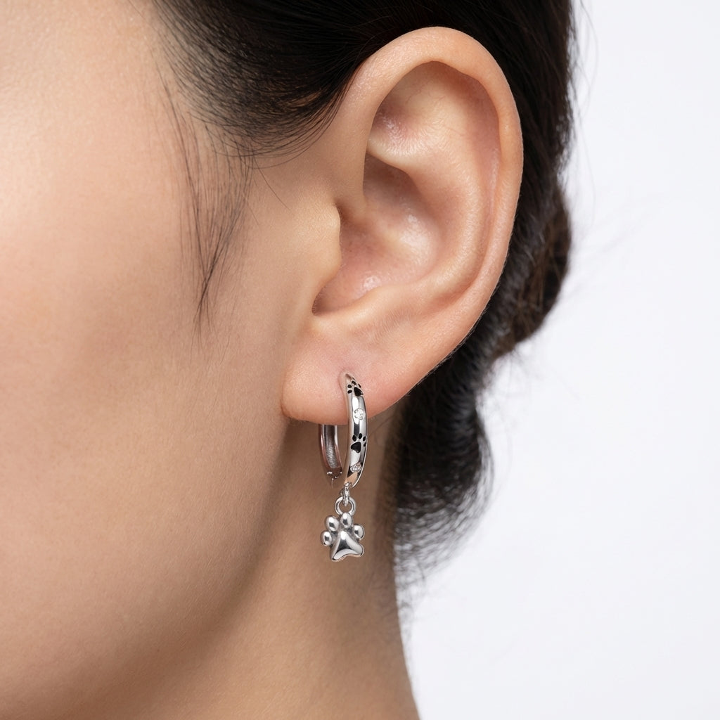 925 Sterling Silver Double Layer Pet Paw Print Drop Earrings