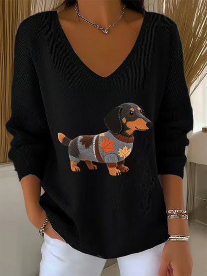 Dog Graphic V-Neck Sweater