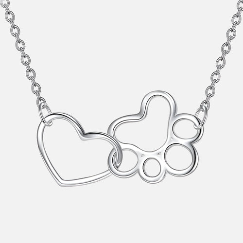 Sterling Silver Paw Print Necklace – Heart Crystal Pendant